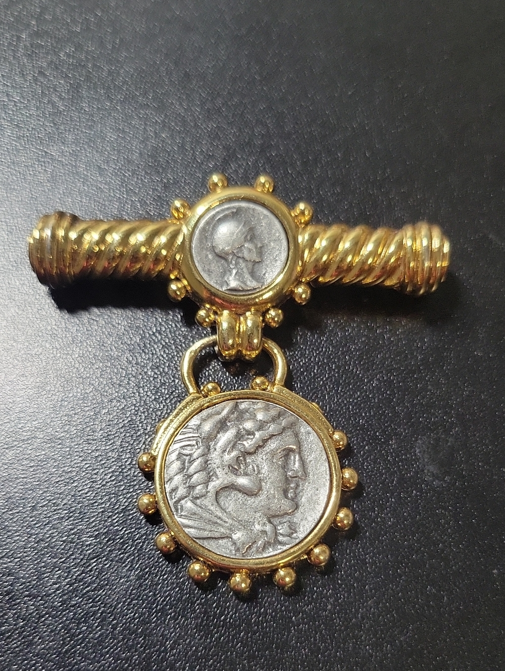 Gold-Tone Two-Coin Pendant Brooch